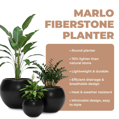 DEPLA LANE Marlo Fiberstone Round Planter, Lightweight, Durable (11.6" Pot Opening x 16.9"D x 13.4"H) Smooth Finishes, UV Resistant, Modern Minimalist Home Decor, Indoor Outdoor Plant Pot (M, Black)