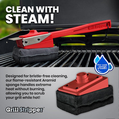 GRILL STRIPPER Bristle Free Grill Brush For Outdoor Grill - Steam Grill Brush Bristle Free with Patent Pending Triple Scraper and Dishwasher Safe Replaceable Fire Resistant Steam Sponge