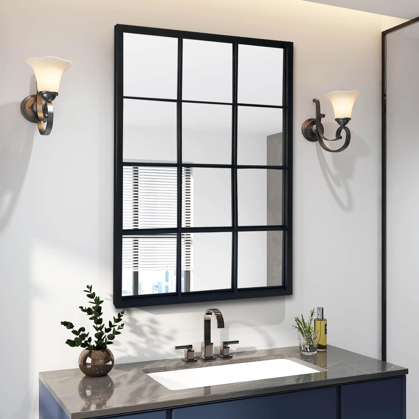 OUSHUAI Balck Rectangle Mirror,Window Pane Grid Mirror,Minimalism Wall Mounted Mirror for Entryway,Hallway,Living Room,Fireplace 24"X36"