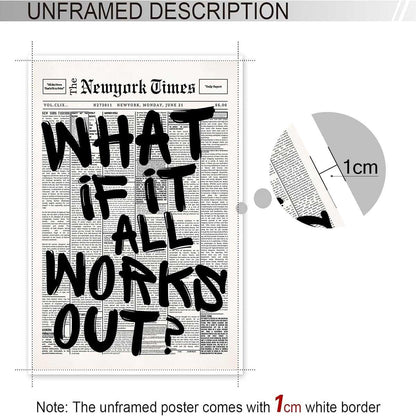 Retro Black And White Newspaper Poster What If It All Works Out Canvas Wall Art Positive Affirming Quote Minimalist Prints Painting For Home Bedroom Dorm Wall Decor 12x16in Unframed