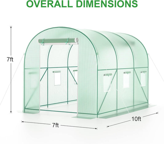 Walk-in Greenhouse, 10x7x7 FT Heavy Duty Tunnel Green House for Outdoors, Portable Green Houses for Outside, Winter Hot House with Metal Frame & Roll-up Zipper Door Screen Windows