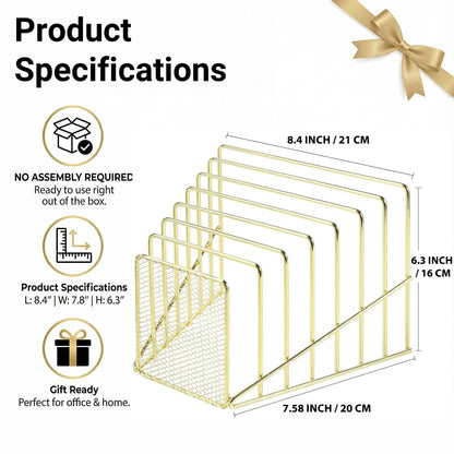 Simmer Stone Gold Desk Organizer 7 Slot Inclined Vertical File Folder Holder Sorter with Mesh Front Metal Wire Rack for Mail, Slim Binders, Books Office Organization Desktop Accessories