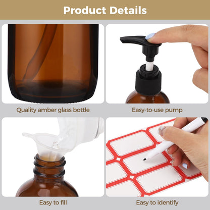 15 Pcs Amber Glass Pump Bottles - 4 oz Refillable Amber Travel Bottles Dispenser Set with Press Pumps, Includes 3 Funnels, 5 Label Sheets & Pen, Refillable Glass Containers for Lotions