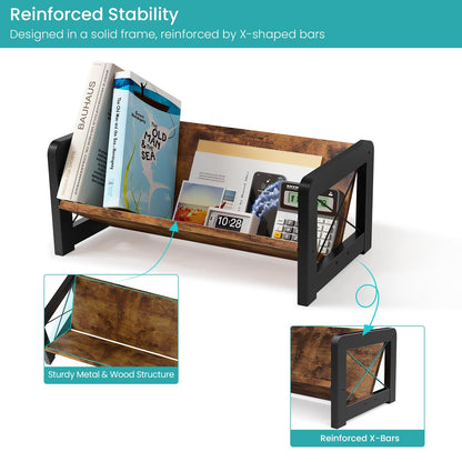 ELITEROO Desktop Bookshelf Organizer, Wood Slanted Desk Bookshelf, Small Tabletop Book Rack, Portable Mini Bookcase for Book Display, Cookbooks, Kids Reading, Office & Home Storage, Rustic Brown