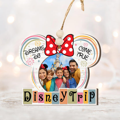 Family Vacation Trip Wooden Photo Ornament – Ears with Bow Design, “Dreams Do Come True” Family Vacation Magic Kingdom Keepsake, Rustic Holiday Decoration with Photo Frame