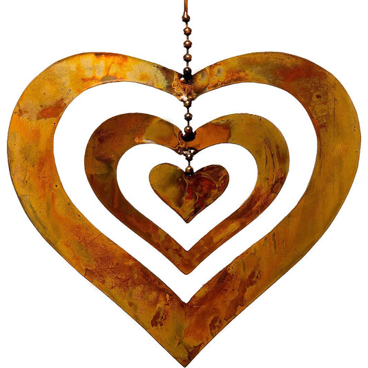 Natures Yard Flamed Copper Finish Triple Spinning Heart Metal Garden Art Hanging Spinner