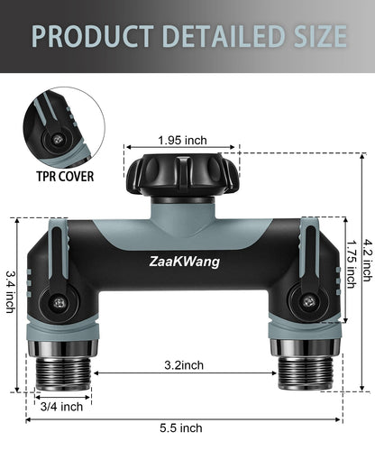 ZaakWang Garden Hose Splitter 2 Way, Heavy Duty Water Hose Spigot Bib Splitter, Outdoor Faucet Splitter with Shutoff Valve, T Adapter Connector with 3/4 - Inch GHT Thread (Grey)