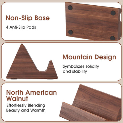 MaxGear Walnut Wood Business Card Holder, Wooden Desk Organizer for Storing & Displaying Business Cards, Elegant Mountain Design with Non-Slip Base for Office