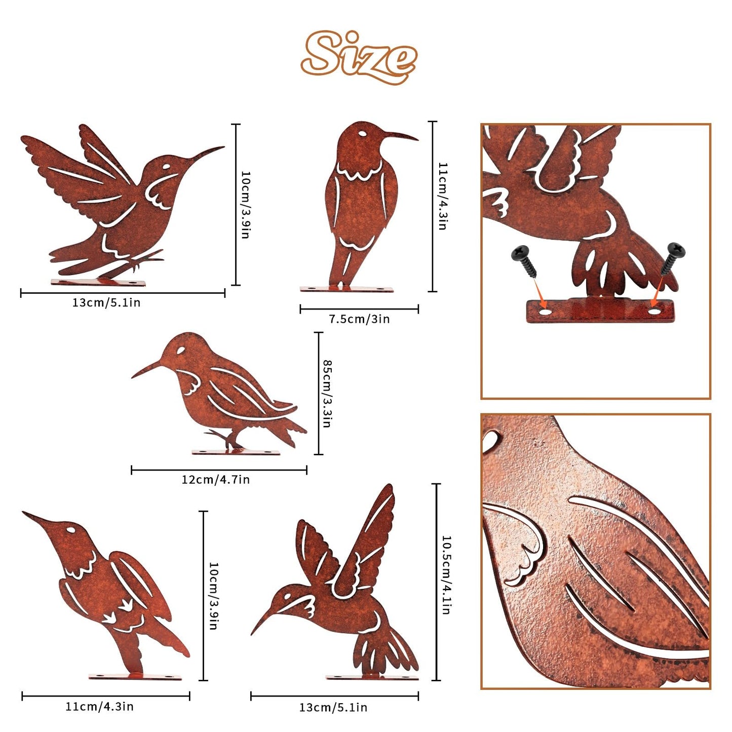 5PCS Rusty Birds Decoration, Outdoor Metal Birds Decor for Yard, Wall & Fence - Hummingbirds Craft Statue Ornaments - Garden Sculptures and Yard Art - Rustic Garden/Farmhouse Decor, Double-Side Design
