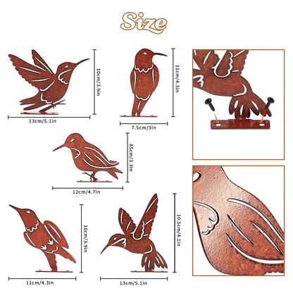 5PCS Rusty Birds Decoration, Outdoor Metal Birds Decor for Yard, Wall & Fence - Hummingbirds Craft Statue Ornaments - Garden Sculptures and Yard Art - Rustic Garden/Farmhouse Decor, Double-Side Design