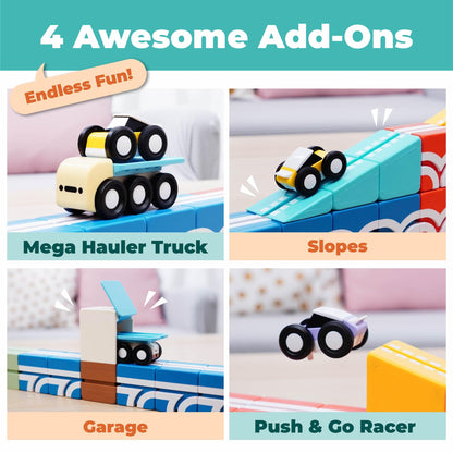 QBI Magnetic Blocks Play Starter Set – STEM Construction Toys & Race Car Track for Kids Ages 3-5+｜Educational Magnet Building Tiles with 2 Ramps & 4 Vehicles｜Montessori Gift for Boys & Girls (36 Pcs)
