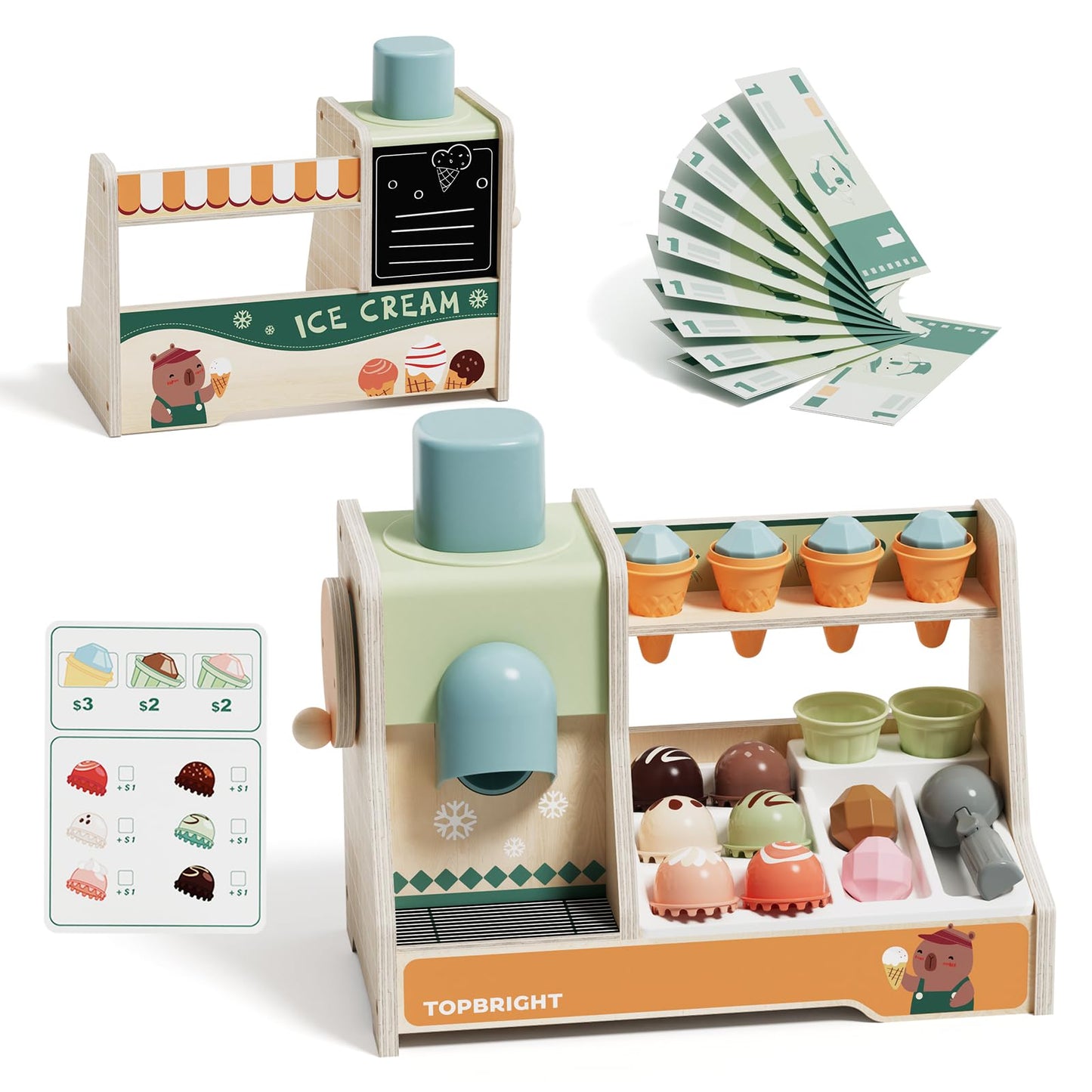 TOP BRIGHT Wooden Ice Cream Pretend Play Toys, Play Kitchen Set for Kids with Ice Cream Counter & Scoop & Menu, Montessori Toys for Boys Girls Capybara Gift Age 3+