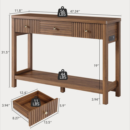 47 Inch Fluted Console Table with Outlets and USB-C Port, Mid Century Modern Sofa Table with 3 Drawers and Open Shelf, Entryway Table with Charging Station for Behind Couch, Hallway, Foyer, Walnut