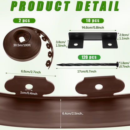 Sasylvia 2.5'' x 200' Landscape Edging Kit Edging Border Coil Include 120 Anchoring Spikes 10 Connectors Plastic Garden Border for Lawn Garden Grass Yard Home(Brown)
