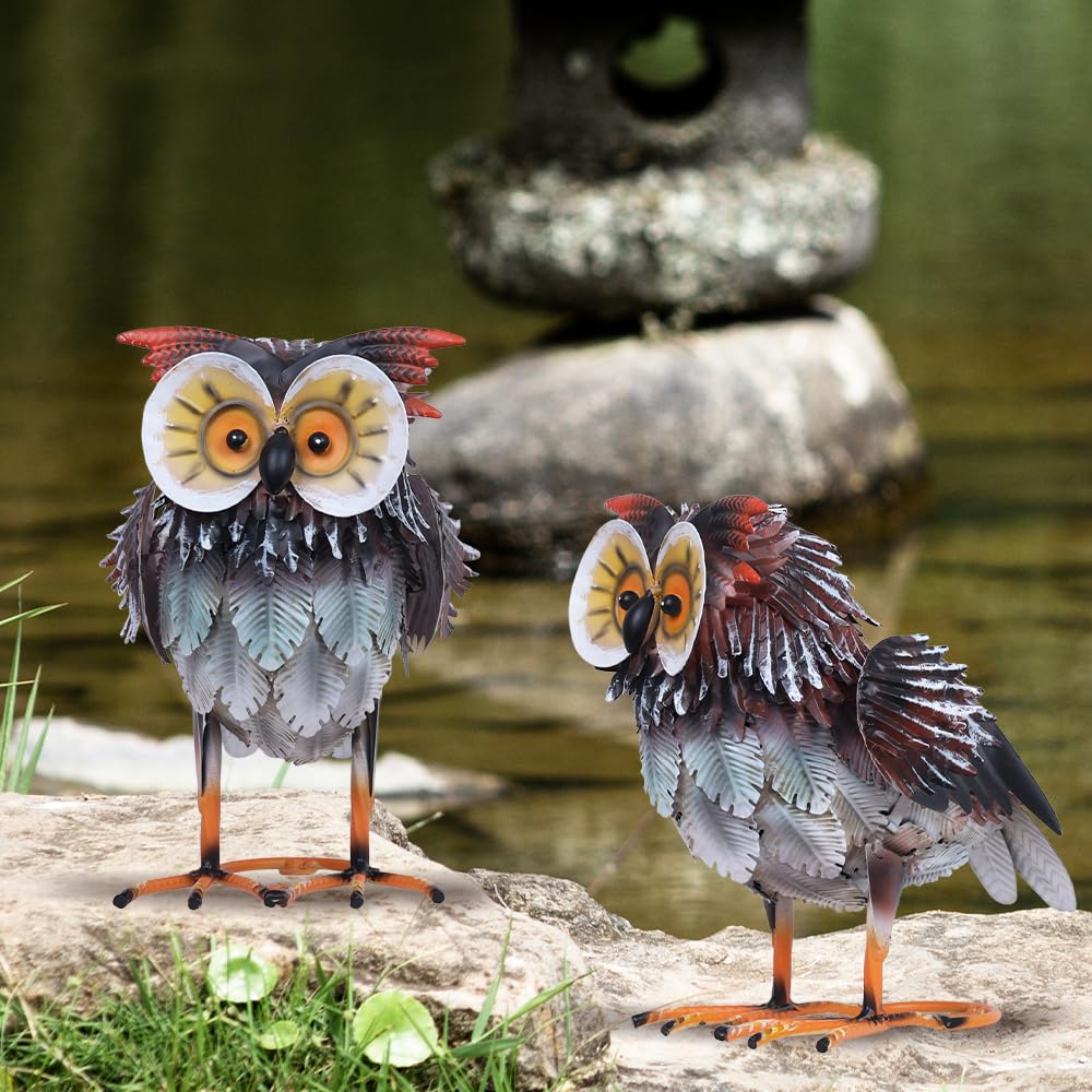 hogardeck Owl Garden Decor Outdoor Statues, 2PCs Large Metal Bird Standing Yard Art, Lawn Sculptures Ornaments for Outside Patio Pond Backyard, Holiday Sympathy Gifts for Grandma Mom