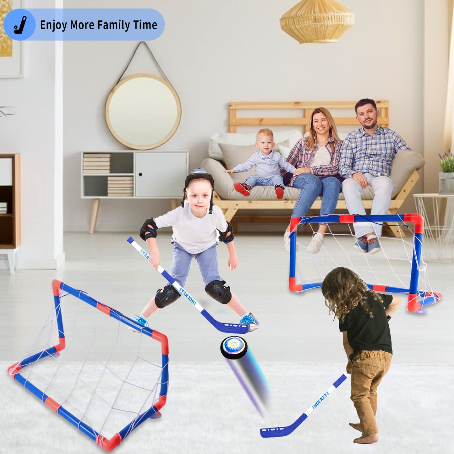 3-in-1 Hover Hockey Soccer Ball Set, Rechargeable Air Soccer and Floating Battery Hockey Kids Toys with LED Lights and Foam Bumper, 2 Goals for Boys and Girls Ages 4 5 6 7 8-12 for Indoor/Outdoor Game