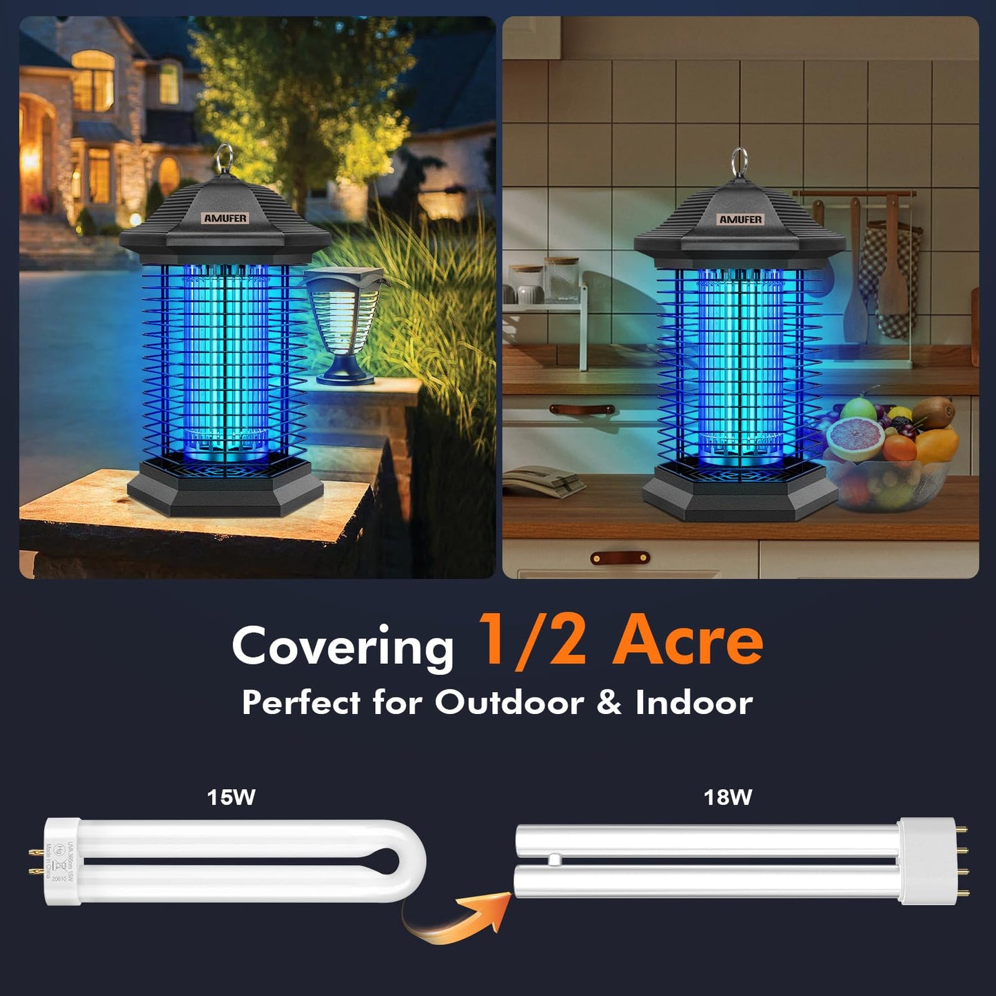 AMUFER Bug Zapper Outdoor Indoor, 18W Power & 4400V Instant Grid Mosquito Repellent, Insect Control Efficiency Increased 100%, 1/2 Acre Coverage, Fly Trap for Patio, Backyard, Home