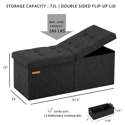 HAUSFRAU 31.5 Inches Ottoman with Storage, Folding Ottoman Bench Small Foot Rest Stool, Bedroom Bench with Flipping Lid, Linen Grey