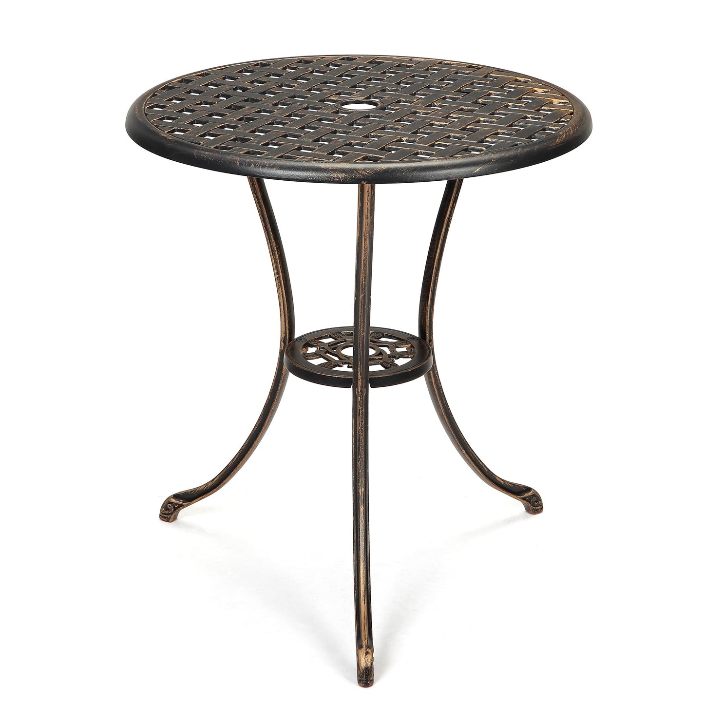 GarveeHome Patio Bistro Table, 24" Round Outdoor Coffee Table with 2" Umbrella Hole, Outdoor Cast Aluminum Bistro Table Side Table with Iron Frame for Balcony Backyard Lawn and Garden, Rustic Brown