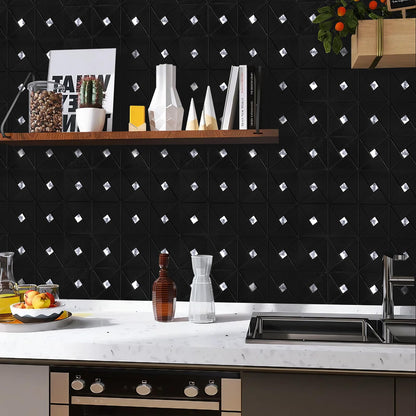 Vamos Tile Peel and Stick Backsplash Tile - Metal Tile Stick on Backsplash for Kitchen and Bathroom Black Windmill Puzzle Glass Mixed Self Adhesive Mosaic Tiles(12"x12"x10 Sheets)