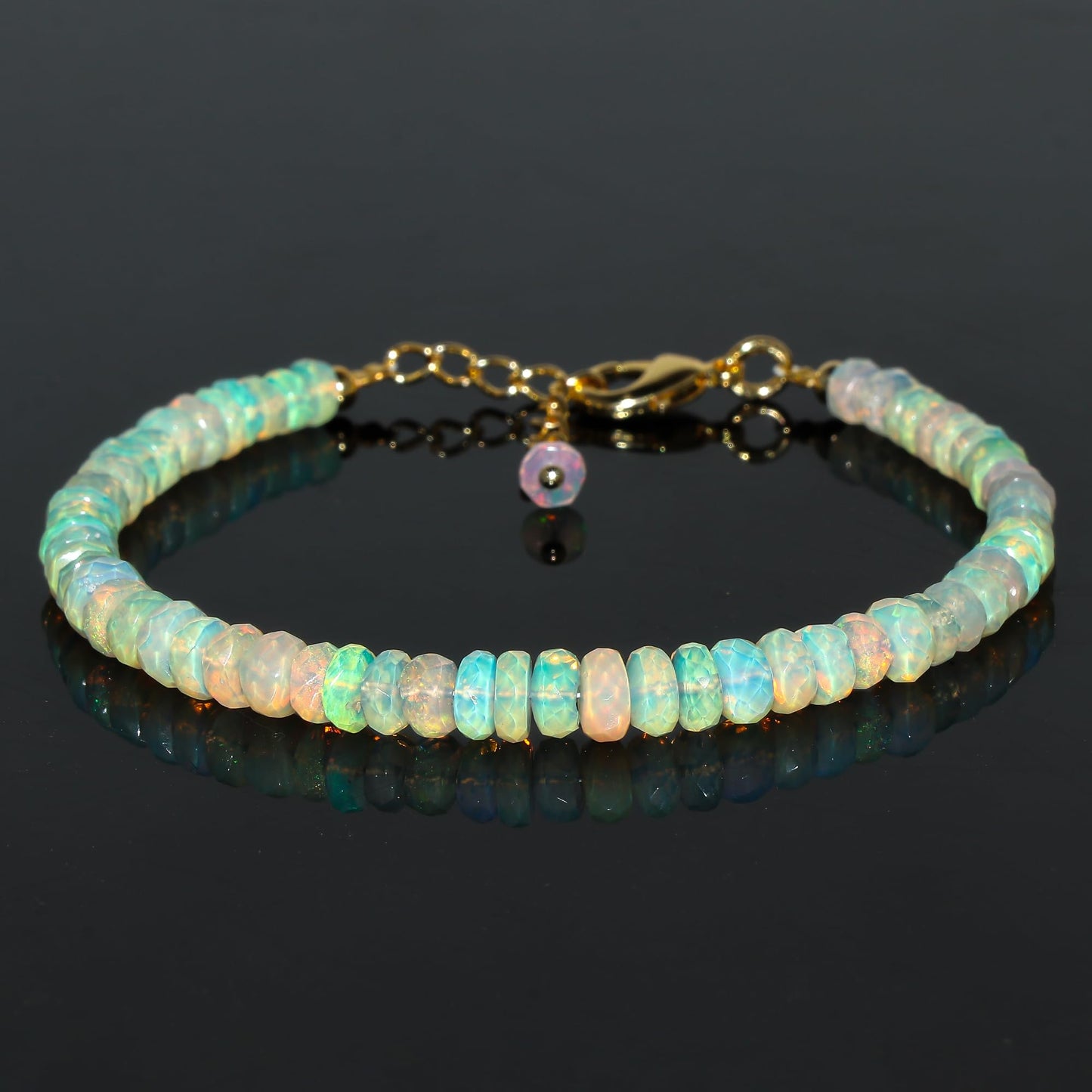 CRYSTALINES Natural Ethiopian Opal Gemstone Bracelet, 14K Gold Plated, Handmade Jewelry, Chakra Healing Crystals, Adjustable Chain, October Birthstone, Opal Stones, Gifts for Women, 8inch