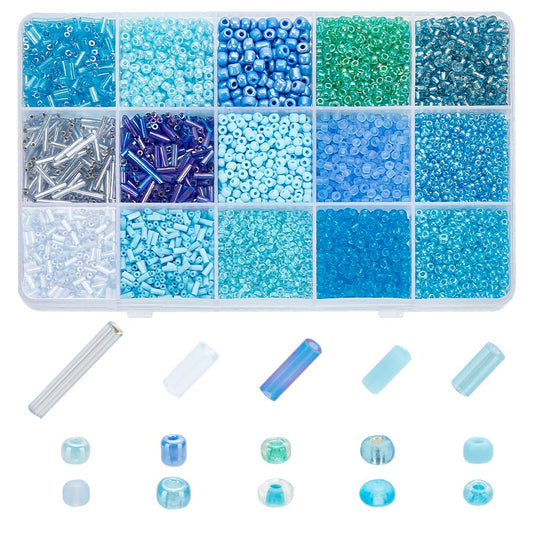 PH PandaHall 14 Colors 5944pcs Blue Series Seed Beads Kit 2~4mm 4052pcs Round Glass Beads 3~12x1.8~2mm 1892pcs Bugle Beads Tube Spacer Beads Loose Beads for Bracelet Necklace Jewelry Making