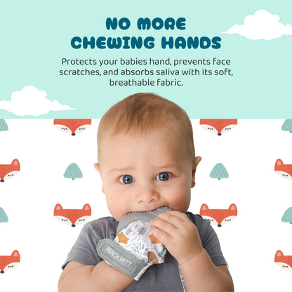 Malarkey Kids Patented Teething Mitten, Munch Mitt Baby Chew Toy - Protects Hands from Chewing & Saliva, Heals Aching Gums, Promotes Sound & Visual Stimulation for Babies - Grey Fox