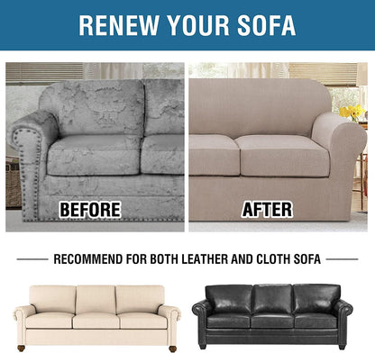 H.VERSAILTEX 4 Piece Stretch Sofa Covers for 3 Cushion Couch Covers for Living Room Slipcovers (Base Cover Plus 3 Seat Cushion Covers) Upgraded Thicker Jacquard Fabric (Sofa, Sand)