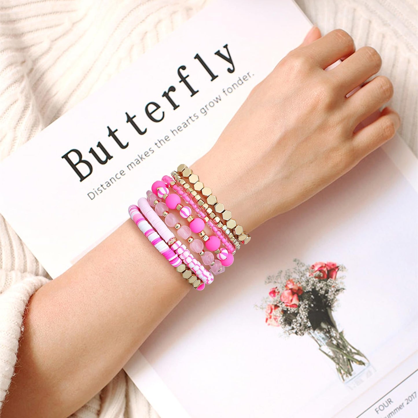 GOOJIDS Surfer Heishi Clay Bead Bracelets for Women Bohemian Stackable Gold Plated Beaded Stretch Bracelets Elastic Layering Friendship Bracelets Set Boho Jewelry