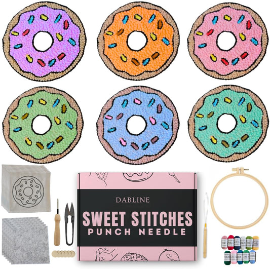 Dabline Punch Needle Kit for Beginners – 6 Pattern Punch Needle Coaster Set with Hoop, Needle, Threader, Yarn & Backing Fabric for Adults and Kids DIY Craft