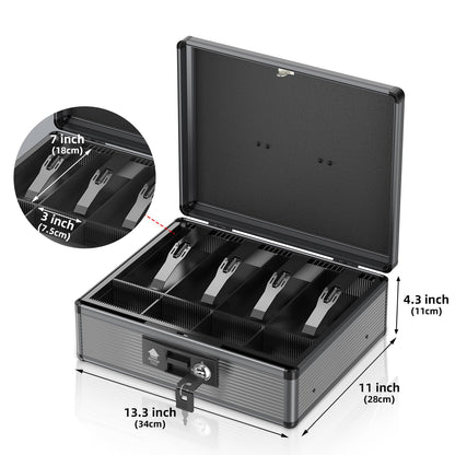 Lockbako Locking Cash Box with Money Tray and Key, Secure Money Safe Box for Cash, Portable Money Box with Bottom Storage Spaces, Money Saving Organizer(Black, Extra Large)