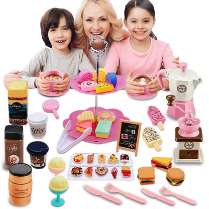 GIFTRRTOY Pretend Tea Party Set for Little Girls, 48 PCS Coffee Maker Set and Play Food Dessert Set for Kids Age 3 4 5 6 7 8 9, Kids Kitchen Pretend Play for Princess Girls Boys(Pink)