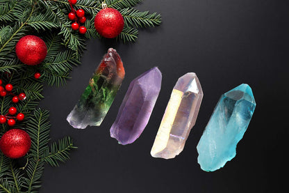 JIC Gem 4 pcs Auqa Aura, Angel Aura, Angel Amethyst, Tourmaline Healing Crystal Single Point Wand Natural Gemstone Polished Tumbled Stone or Crystal Healing, Reiki, and Home Decor