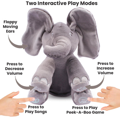 Dimple Emery Peek A Boo Elephant Toy, Interactive Singing Stuffed Elephant Plush with Moving Ears, Musical Stuffed Animal for Babies and Toddlers, Adorable Baby Toy - Adorable Gift for Grandchild