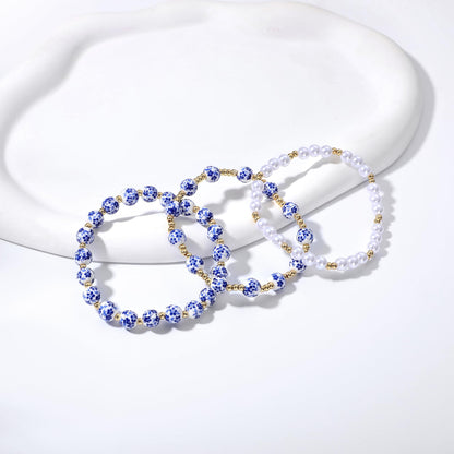 Dainty Pearl Beads Bracelet for Women Blue And White Vintage Ceramics Flower Bracelet Handmade Stretch Cute Beaded Romantic stackable Jewelry Gifts