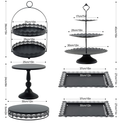 6 Pcs Black Cake Stands Set, QENUIITEA Cake Display Pedestal Tiered Cupcake Holder Dessert Plate Serving Tower Tray Decorative for Wedding Birthday Party Baby Shower Celebration