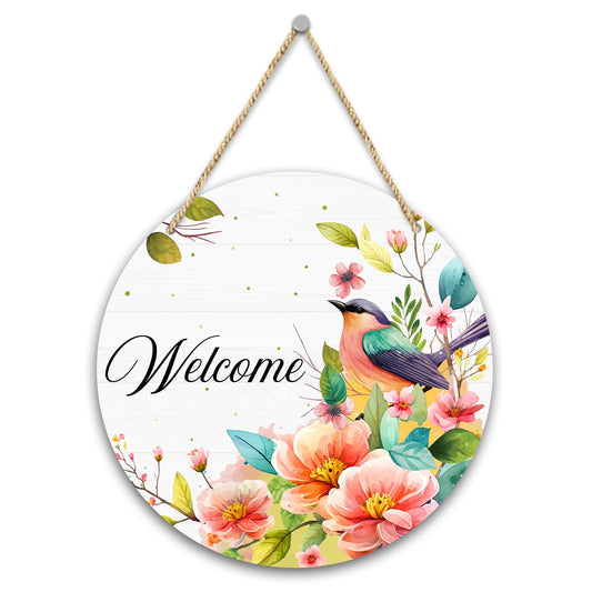 Welcome Spring Bird Door Sign Decor, Birds Flowers Wooden Welcome Hanging Sign, Spring Wall Ornament Gift, Farmhouse Seasonal Decor for Front Door Porch Yard Garden -05