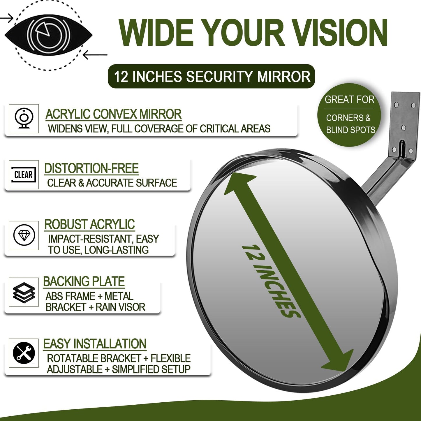 2PCS 12 Inch Security Mirror - Acrylic Convex Mirror with Adjustable Wide Angle View for Blind Spot Detection, Ideal for Garage, Warehouse, School, Store & Office, Indoor Outdoor