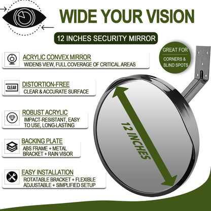 2PCS 12 Inch Security Mirror - Acrylic Convex Mirror with Adjustable Wide Angle View for Blind Spot Detection, Ideal for Garage, Warehouse, School, Store & Office, Indoor Outdoor