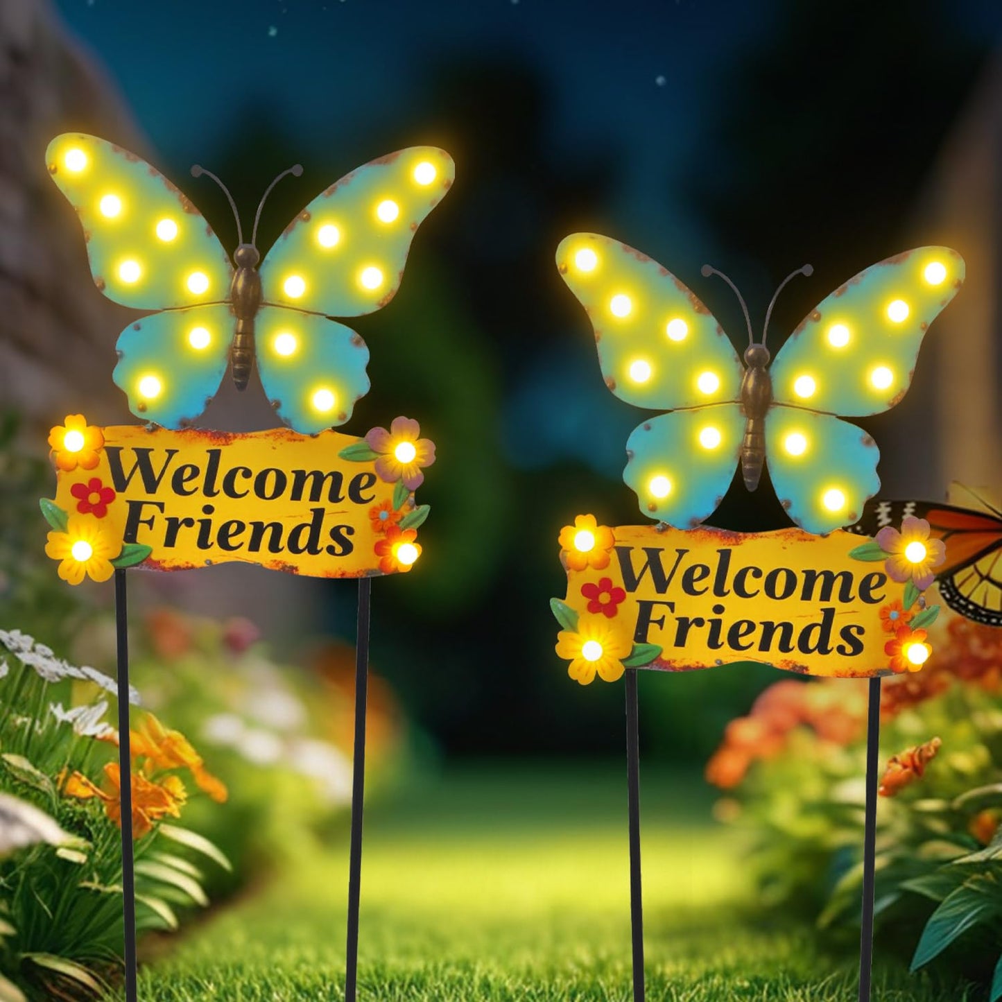 YHSOLAR Decorative Garden Stakes Large 45" with 18 Bulbs Solar String Lights Outdoor Waterproof, Butterfly Solar Lights for Outside with Welcome Friends Garden Sign for Yard, Patio, Pathway