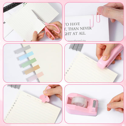 Pink Office Supplies Set, Desk Accessories for Women with Stapler, Tape Dispenser, Staple Remover, Staples, Clips, Scissor and Tabs, Gift for Students and Coworkers