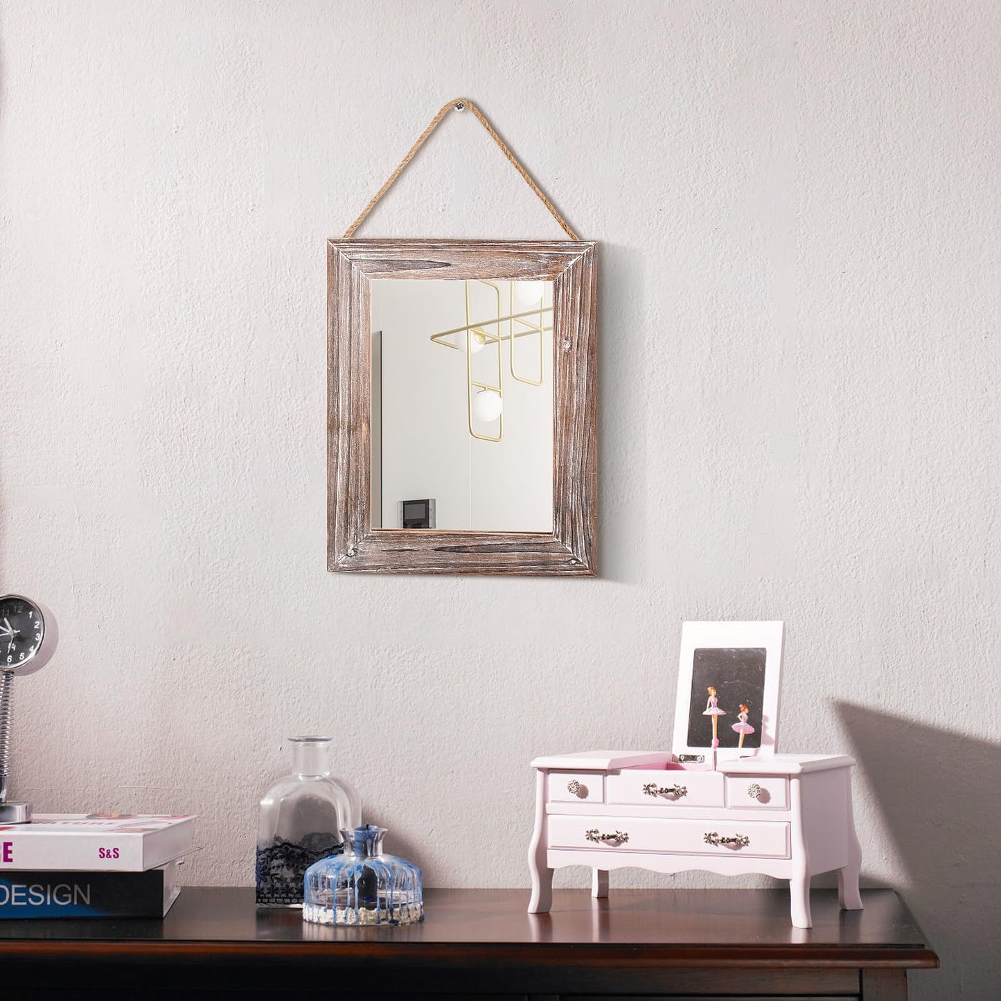 CFDYMTJ Wall Decorative Mirror 12 x 16 Inch Rust Farmhouse Rectangular Mirrors Wood Frame Mirror with Hanging Hemp Rope for Bedroom, Bathroom, Living Room, Entryway