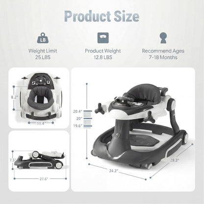 TODECARE 7 in 1 Baby Walker, Foldable Jumper Activity Center with Adjustable Height, Music, Lights, Speed Control, Detachable Play Tray, Infant Push Walker with Wheels for Boys Girls (Gray)