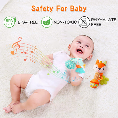 Baby Rattles 0-6 Months，Baby Soft Rattles Shaker，Hand Grab Sensory Shaker,Teething Toys for Babies 6-12 months，Sensory Plush Animal Toys For 0 3 6 9 12 Months Newborn Toys, 2PCS