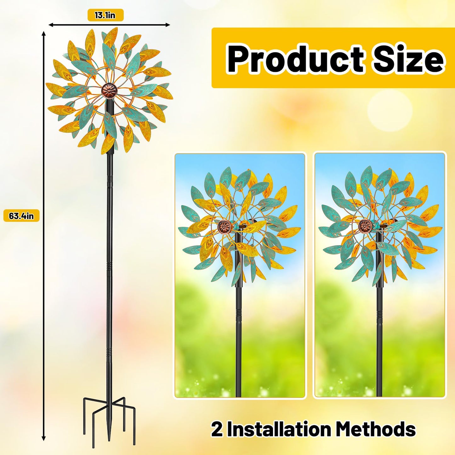Metal Wind Spinners Outdoor, Kinetic Garden Wndmills,Yard Art Windmill with Metal Stake,Vintage Wind Sculptures & Spinners,Waterproof Pinwheels Large Wind Mill for Patio Lawn Yard Garden (Yellow+Blue)