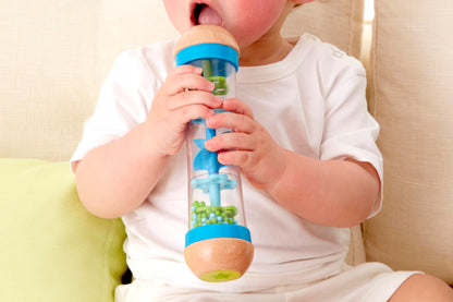 Hape Beaded Raindrops | Mini Wooden Musical Shake & Rattle Rainmaker Toy, Blue, Model Number: E0328B