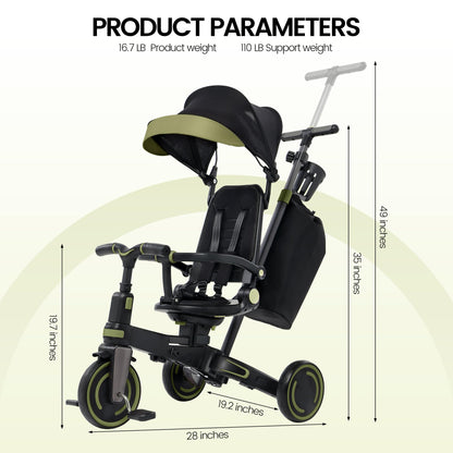 Aneco 9-in-1 Multi-functional Baby Tricycle for Toddlers 10 Months-3 Years with Removable Canopy Rotatable Seat Safety Harness Wheel Brake Adjustable Push Handle Storage Bag Cup Holder Black and Green