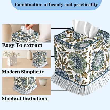 Ridhi Asparagus Green Block Print Ruffle Tissue Box Cover Handmade Cotton Decorative Square Napkin Holder for Home Bedroom Living Room Bathroom Vanity Countertop Car Office Kitchen