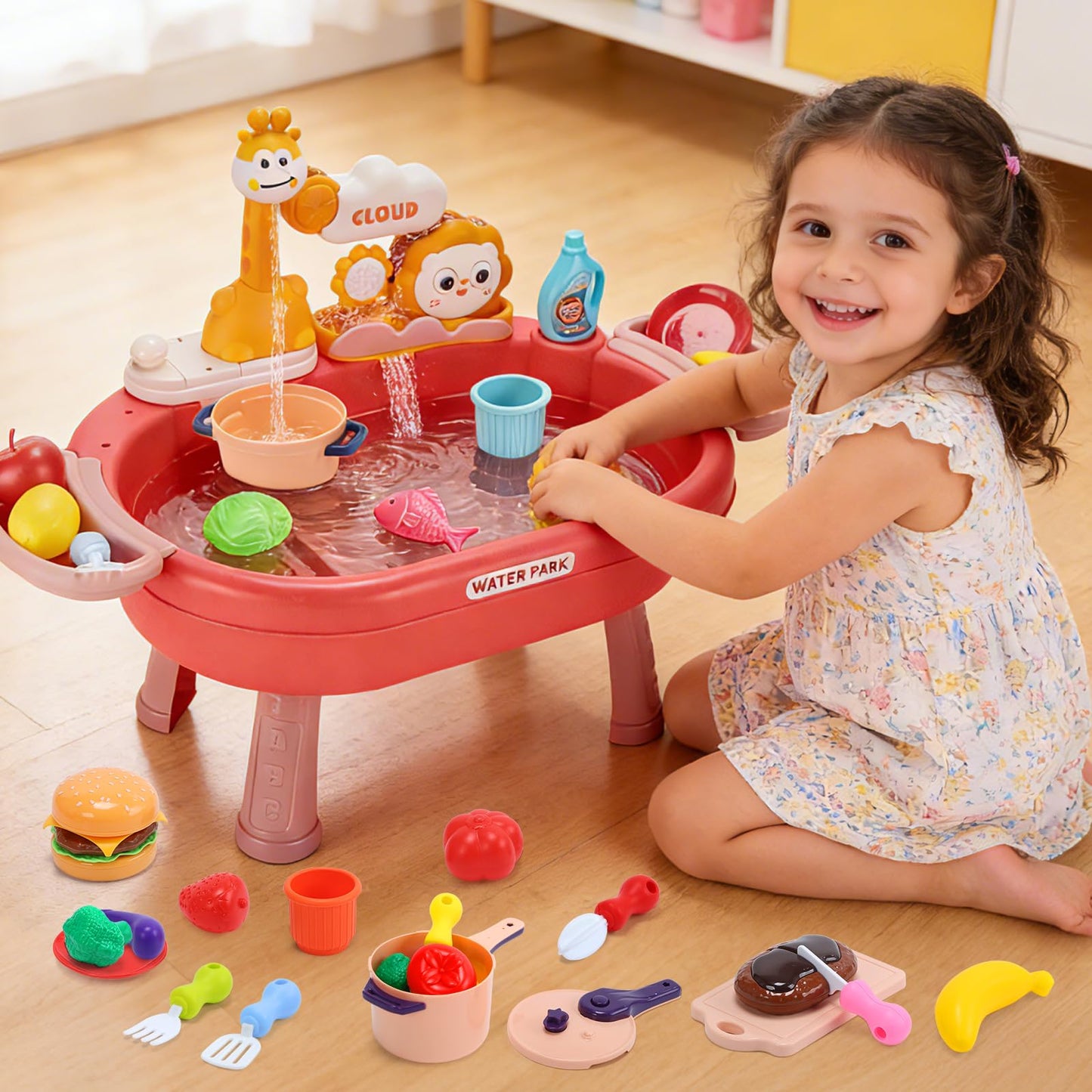 HOLYFUN Play Kitchen Sink with Running Water, Water Table Toy, Sink Toy with Functional Faucet, Play Food, Pots & Pans Kitchen Accessories, Realistic Pretend Play Gift Set for Toddlers and Kids (Pink)