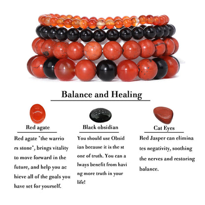 Vinswet 4pcs Natural Stone Beaded Bracelets for Women Men,Healing Crystal Gemstones Stretch Bracelet,4mm 6mm 8mm 10mm Black obsidian Red Jasper Red agate Anxiety Stress Relief Bracelet Jewelry Gifts